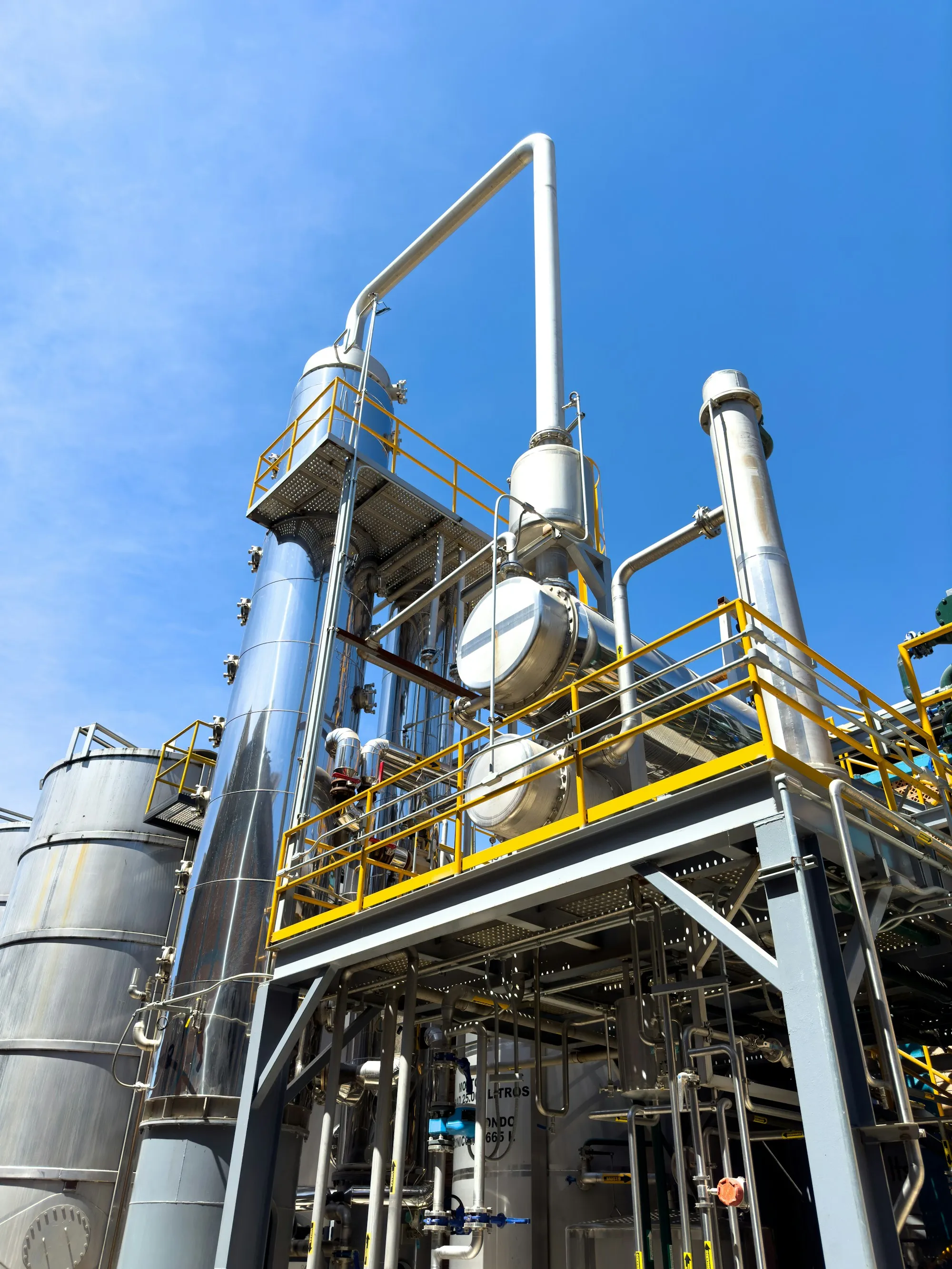 Installation industrielle avec tuyauteries et cuves, illustrant le type d'équipement utilisé pour la dépollution chimique des sols